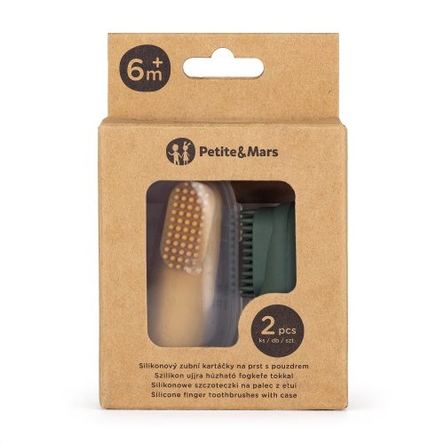 PETITE&MARS Szilikon ujjra húzható fogkefe szett Ochre&Green 2 db 0m+