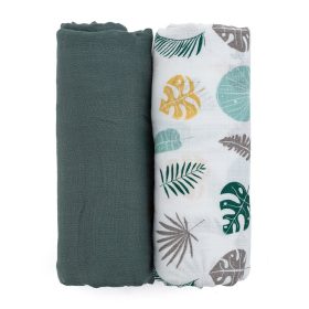   PETITE&MARS Bambusz muszlin 2db-os pelenka szett Misty Green Leaves, 120 x 120 cm