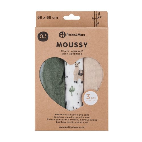 PETITE&MARS Bambusz muszlin 3db-os pelenka szett Moussy Llama Vibes , 68 x 68 cm