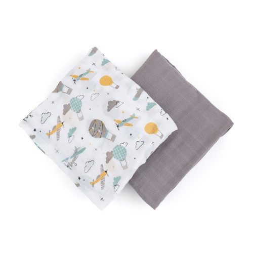 PETITE&MARS Bambusz muszlin 2db-os pelenka szett Misty Grey Planes, 120 x 120 cm