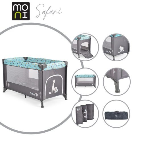 Moni SAFARI utazóágy 1 szintes, zippes kibújóval, állatmintás Türkiz/Kék