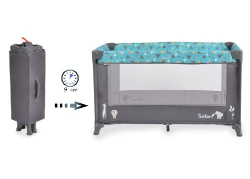 Moni SAFARI utazóágy 1 szintes, zippes kibújóval, állatmintás Türkiz/Kék