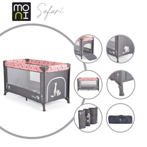 Moni SAFARI utazóágy 1 szintes, zippes kibújóval, állatmintás Pink/Rózsa