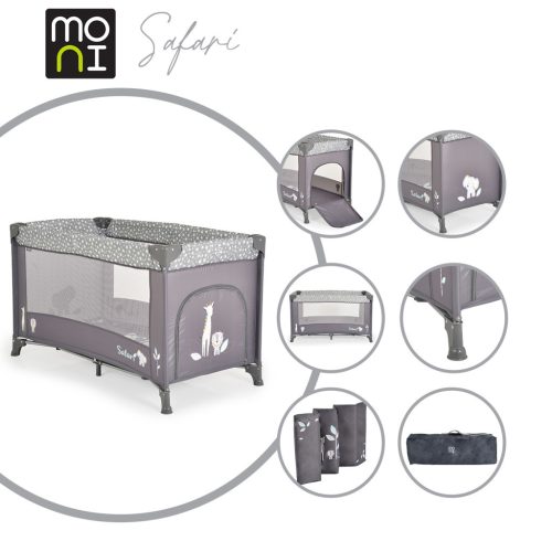Moni SAFARI utazóágy 1 szintes, zippes kibújóval, állatmintás Graphite