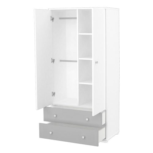 Timba Erik Állószekrény kétajtós, kétfiókos - Ezüst/Fehér