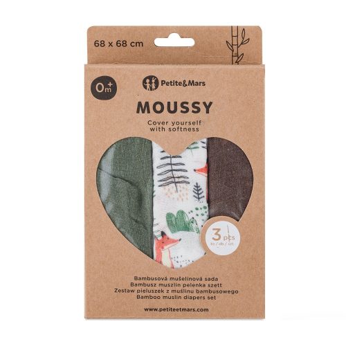 PETITE&MARS Bambusz muszlin 3db-os pelenka szett Moussy Forest Fox , 68 x 68 cm